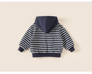 Rear view of striped hooded sweatshirt for kids with navy blue ribbed cuffs and hem