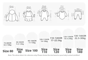 Detailed size chart for children clothing set from 73cm to 140cm with measurement guide