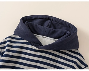 Detailed macro view of striped hoodie neckline with soft fleece lining and premium texture