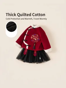 Chinese New Year girls outfit with red embroidered top and black tutu skirt set