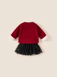 Red winter coat with fur trim and black mesh skirt two-piece festive outfit for girls