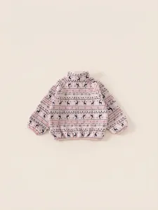 Pink high-neck fleece sweater for children with blue reindeer Fair Isle pattern