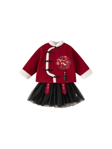Traditional red Chinese New Year top and black tutu skirt two-piece outfit for girls