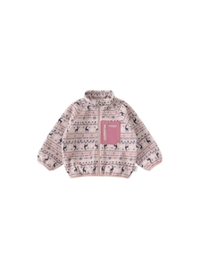 Pink fleece-lined child jacket with festive reindeer and snowflake Fair Isle patterns