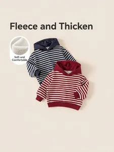 Kids Striped Fleece Lined Hoodie Winter Thickened Warm Sweatshirt Contrast Stripe Long Sleeve Hooded Top For Boys Girls