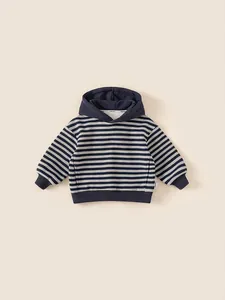 Kids navy and grey striped hooded sweatshirt with warm fleece lining and ribbed cuffs
