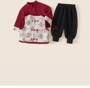 Detailed view of children's traditional Chinese three-piece set with red top and lion vest