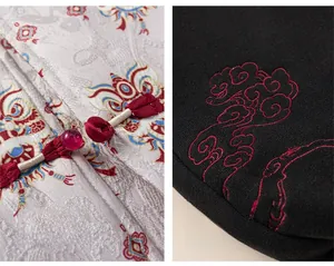Detailed view of traditional Chinese frog buttons and auspicious cloud embroidery on fabric