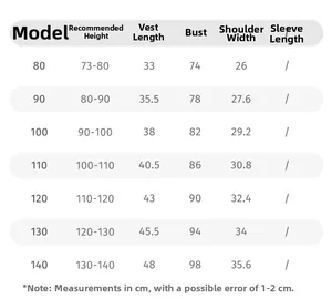 Detailed size chart for boys traditional three-piece vest set from size 80 to 140