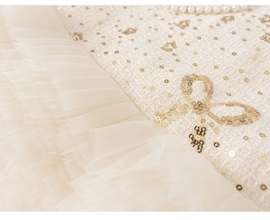 Détail de robe d'hiver fille avec nœud en paillettes dorées et tulle élégant