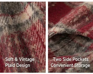 Detail of red and white plaid mohair fabric showing texture and functional side pockets