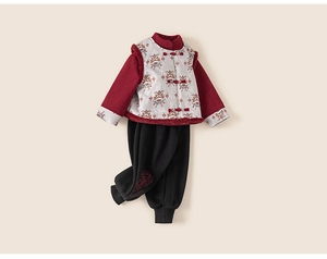 Detail of traditional Chinese lion pattern vest and pants with red cloud embroidery