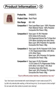 Detail of girls red plaid trousers with 180g polar fleece lining and washing instructions