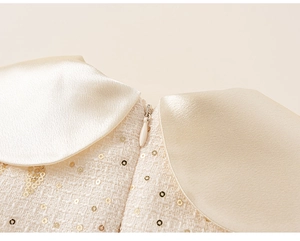 Détail du col Claudine en satin beige et tweed pailleté avec fermeture éclair invisible
