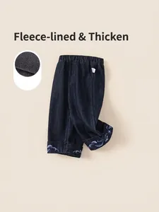 Winter thermal lined denim pants for girls with embroidery and elastic waist