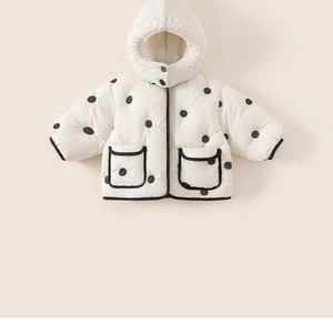 Detailed view of polka dot padded kids hooded jacket with pocket and contrast binding