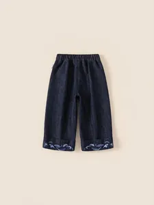 Thickened dark blue girls' jeans with elastic waist and delicate wave embroidery on cuffs
