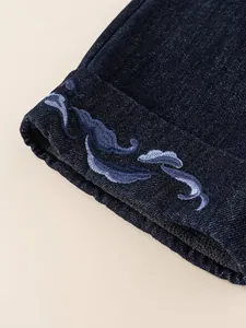 Girl's thick winter denim trousers with blue cloud embroidery and warm fleece lining