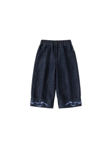 Dark blue girls denim wide leg pants with cloud embroidery and elastic waistband