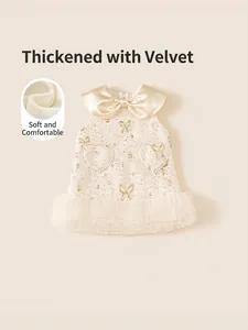 Elegant Girls Tweed Mesh Tutu Dress Satin Bow Collar Sequin Heart Artificial Pearl Detail Fleece Lined Birthday Party Banquet Gown