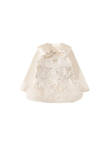 Winter festive two-piece set with knitted top and tweed dress featuring pearl heart pockets