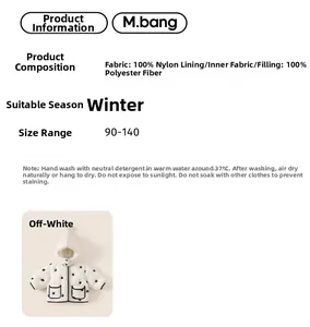 Detailed spec sheet for polka dot winter jacket showing off-white nylon fabric and sizing