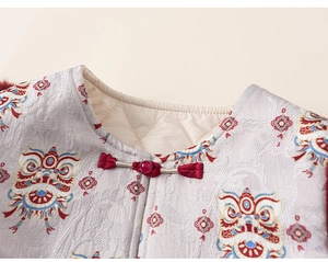 Detailed view of kids' traditional silver brocade vest with lion pattern and red knot button