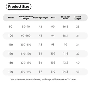 Detailed size guide table for girls' polka dot padded coat in centimeters for 90-140cm