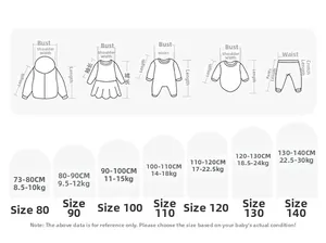 Size chart for toddler polka dot padded jacket and apparel from 73cm to 140cm height