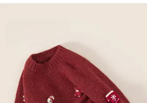 Close-up of red knit sweater featuring festive 3D cartoon bear and snowman patches