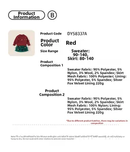 Detailed fabric chart for red knit sweater and green tulle skirt with material specs