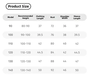Detailed size chart for girls winter outfit set with height and body measurements info