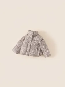 Quilted floral cotton coat for girls with purple flower print and stand collar