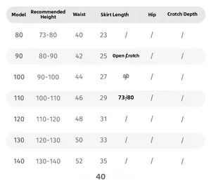 Detailed size chart for girls green cake skirt set with height and waist measurements