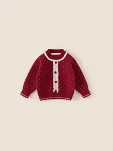 Girls Vintage Red Knitted Cardigan Sweater Heart Polka Dot Pattern Lace Trim Pom Pom Button Thickened Warm Winter Tops