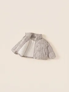 Floral print padded winter jacket for girls with stand collar and zipper closure