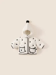 Kids Girls Polka Dot Quilted Winter Jacket With Pointy Hood Pompom Thickened Nylon Padded Coat Warm Outerwear Clothes