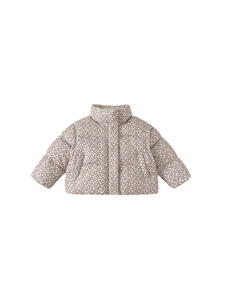 Girl floral padded winter jacket with high collar and horizontal quilting in beige