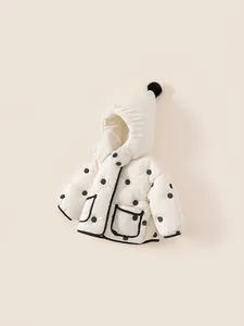 Toddler girl winter padded jacket with black polka dots and pom-pom hooded design