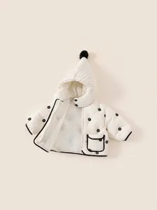 Padded white baby jacket with black polka dots and a cute pom-pom hood decoration