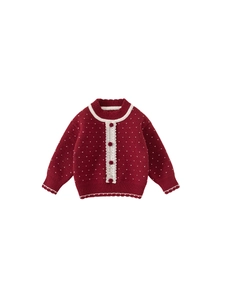Red knit cardigan for girls with white heart patterns, lace collar and pompom buttons