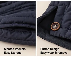 Detail of dark blue quilted kids jacket showing diagonal pockets and horn buttons