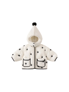 Toddler girl winter polka dot padded jacket with a playful pointed pom-pom hood