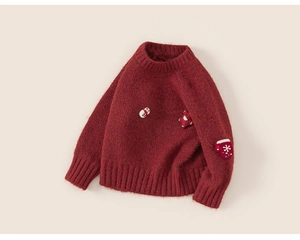 Detail of red festive knit sweater featuring 3D snowman and snowflake Christmas patches