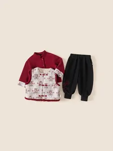 Traditional Chinese style 3-piece kids winter set with red lion vest and jogger pants