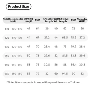 Detailed size chart for girls' tweed pinafore dress set with measurements for ages 4 to 12