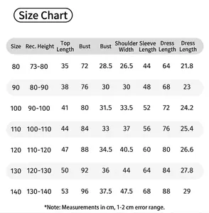 Size chart for children New Year outfits showing height, chest, and length for sizes 80 to 140
