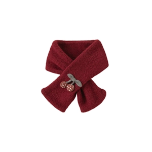 Thick knitted kids scarf in dark red with cute cherry decor for winter warmth