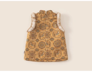 Detail of golden Chinese New Year vest with traditional horse patterns and faux fur trim