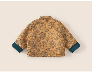 Detailed view of kids' traditional gold Chinese New Year jacket with embroidered patterns